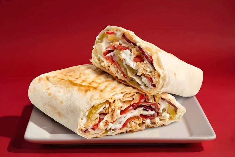Two halves of a chicken shawarma wrap with vegetables and white sauce on a white plate.