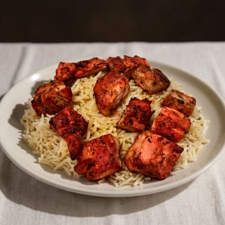 Chicken Shish Kebab Over Rice & Salad Plate