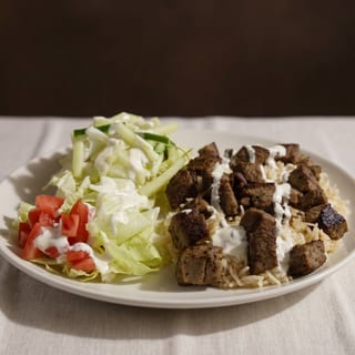 Beef Gyro Kebab Over Rice & Salad Plate